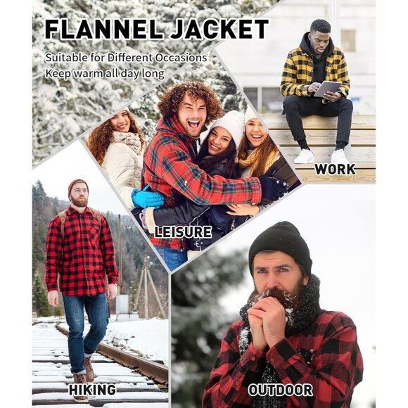 Men's Hooded White Black Sherpa Line Plaid Flannel Jacket Warm Winter Coat. - Picture 6 of 6